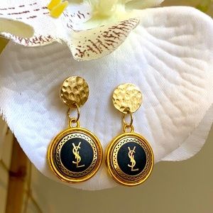 YSL black and gold button dangle earrings